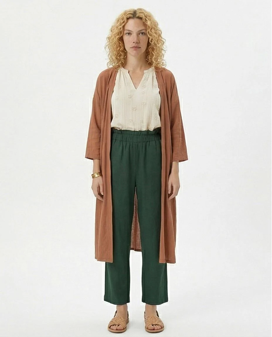 Ravin Women’s Paperbag High-Waist Linen Trousers – Forest Green Wide Leg Pants - R217073- - Image 3