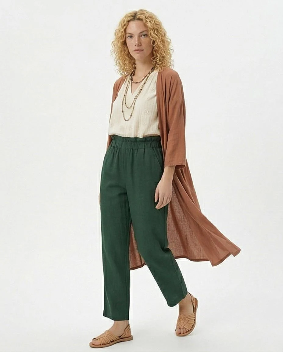 Ravin Women’s Paperbag High-Waist Linen Trousers – Forest Green Wide Leg Pants - R217073- - Image 4