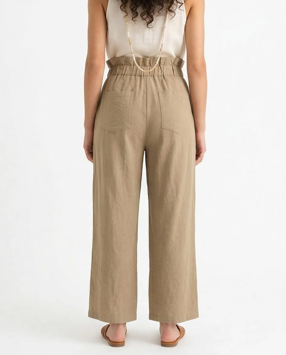 Ravin Women’s Paperbag High-Waist Linen Trousers – Wide Leg Relaxed Fit Pants – Khaki - R217004 - Image 2