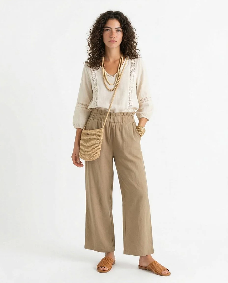 Ravin Women’s Paperbag High-Waist Linen Trousers – Wide Leg Relaxed Fit Pants – Khaki - R217004 - Image 3