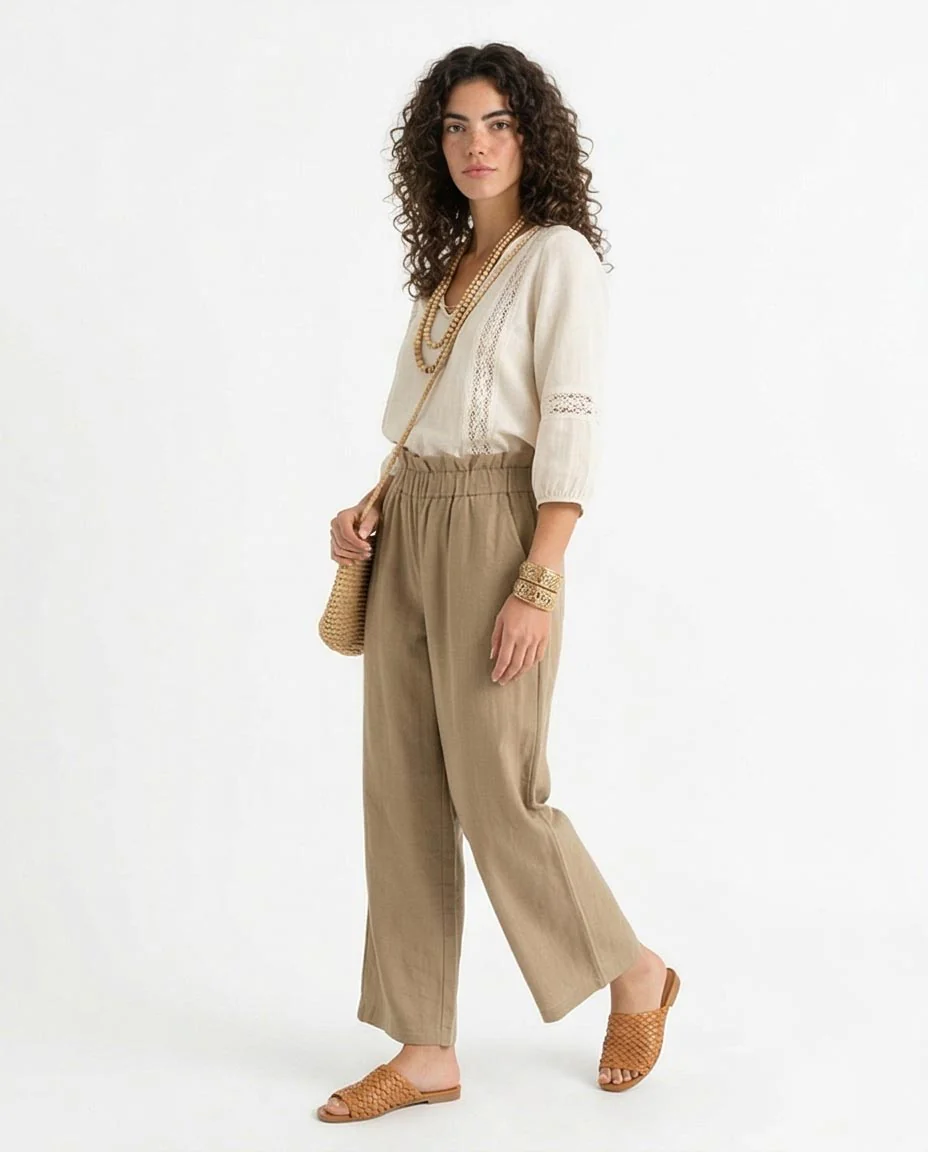 Ravin Women’s Paperbag High-Waist Linen Trousers – Wide Leg Relaxed Fit Pants – Khaki - R217004 - Image 4
