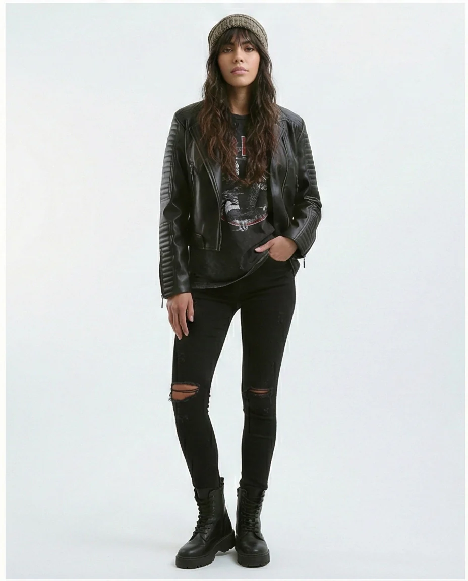 Women's Quilted Sleeve Faux Leather Moto Jacket - O176289 - Image 3