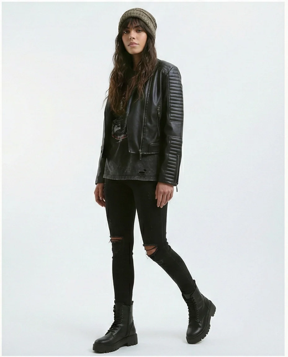 Women's Quilted Sleeve Faux Leather Moto Jacket - O176289 - Image 4