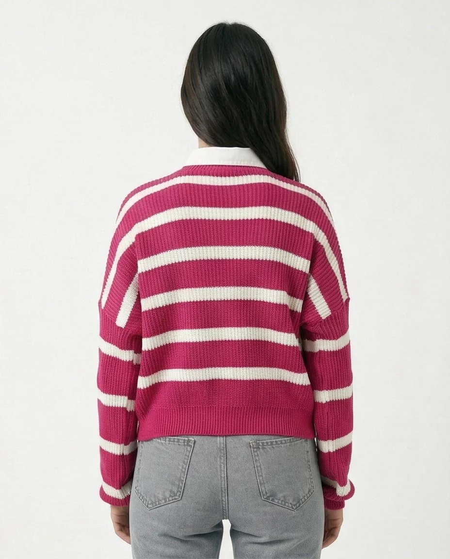 Ravin Women's Relaxed Fit Striped Crew-Neck Knit Sweater - Magenta/White - R214800 - Image 2
