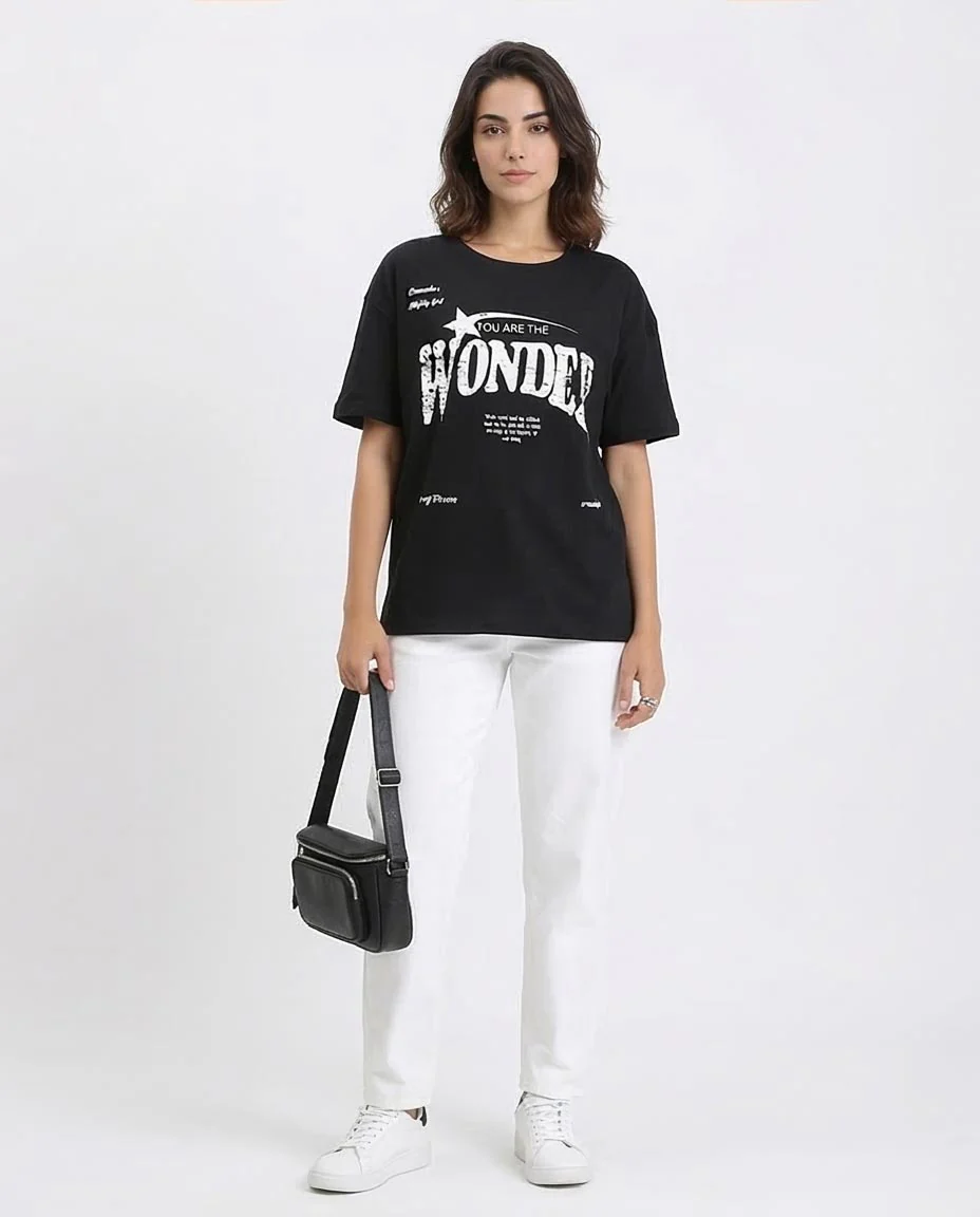 Ravin Women’s Relaxed-Fit "WONDER" Graphic T-Shirt – Black/White - R210563 - Image 3