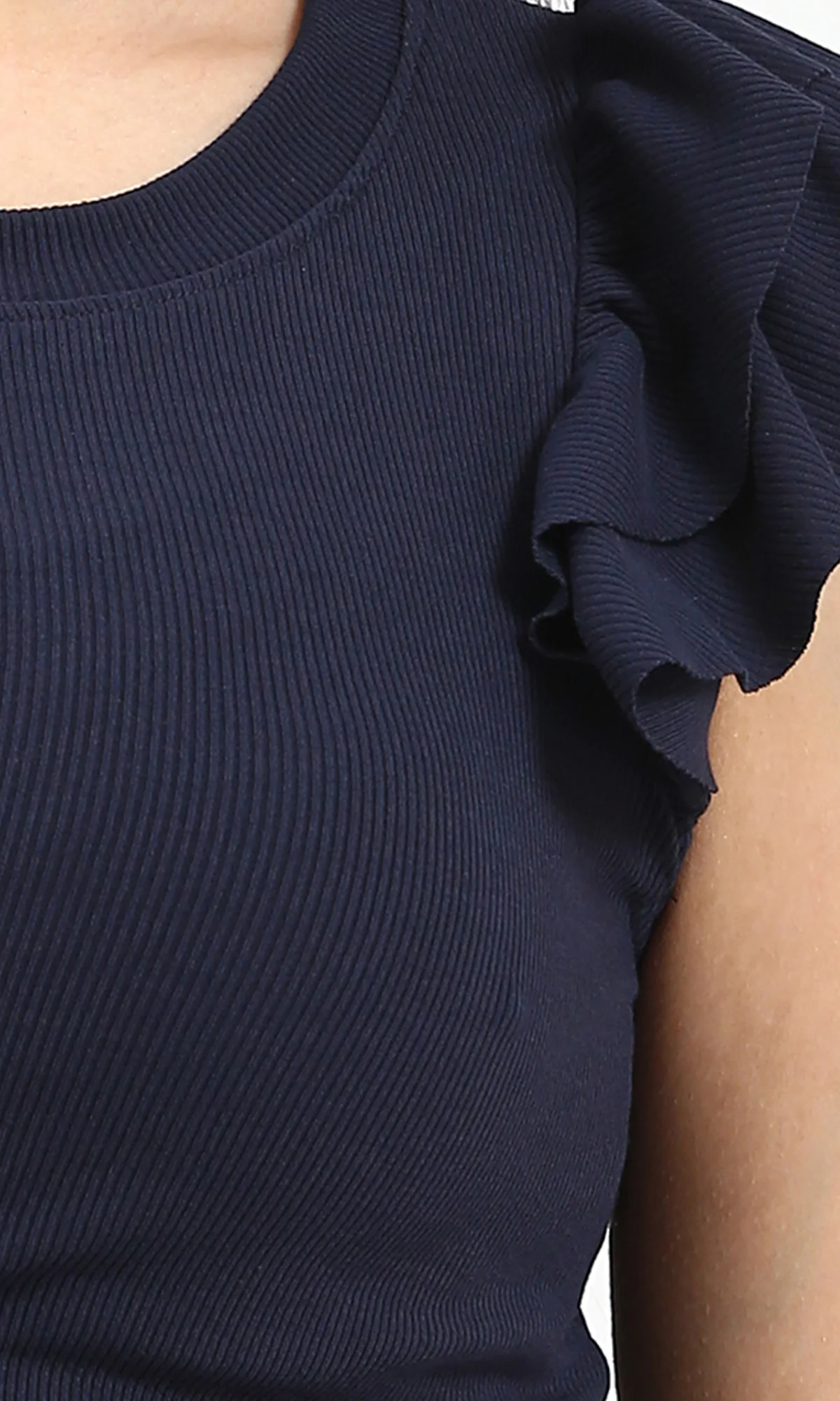 Ravin Women’s Ribbed Knit Cap-Sleeve Top with Ruffle Detail - Navy Blue - R212450 - Image 3
