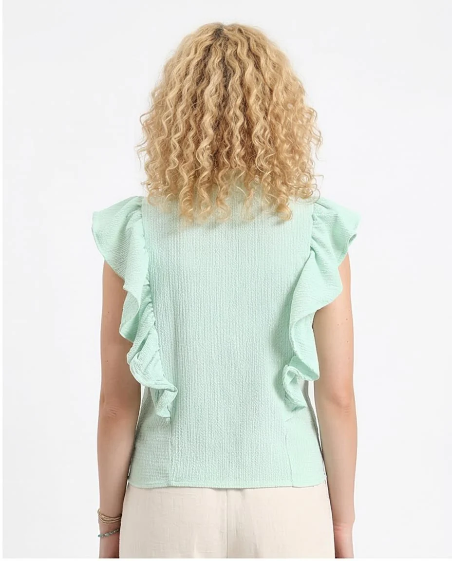 Ravin Women’s Ruffle-Trim Seersucker Sleeveless Blouse – Mint Green R211301 - Image 2