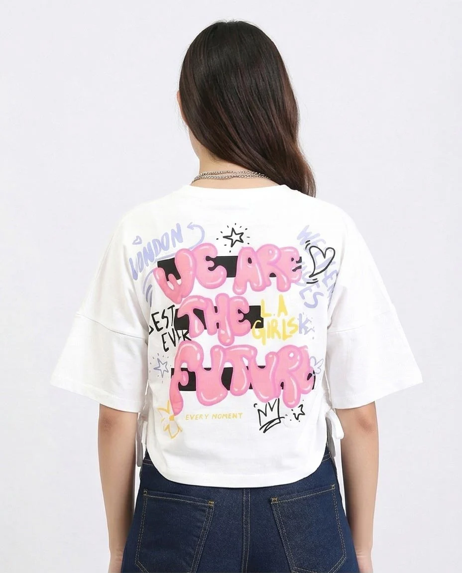 Ravin Women's Sassy Graphic Cinch-Side Oversized T-Shirt - White- Feminine Print Elbow Sleeves Tee - White - R211628 - Image 2