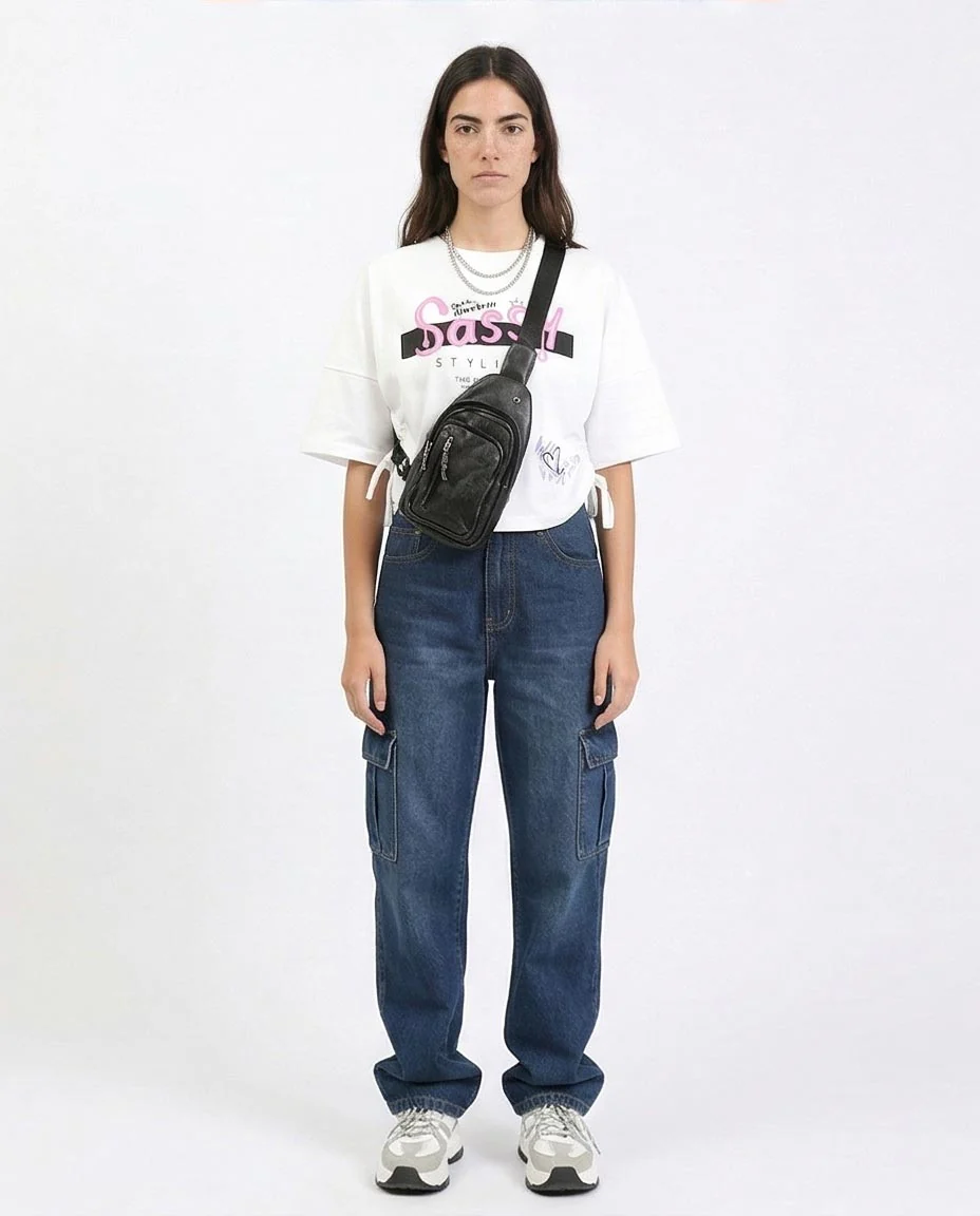 Ravin Women's Sassy Graphic Cinch-Side Oversized T-Shirt - White- Feminine Print Elbow Sleeves Tee - White - R211628 - Image 4