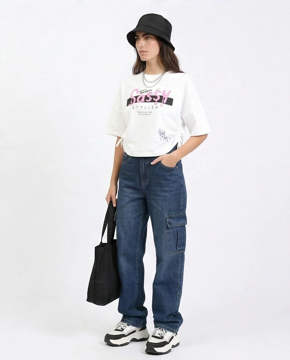 Ravin Women's Sassy Graphic Cinch-Side Oversized T-Shirt - White- Feminine Print Elbow Sleeves Tee - White - R211628 - Image 5