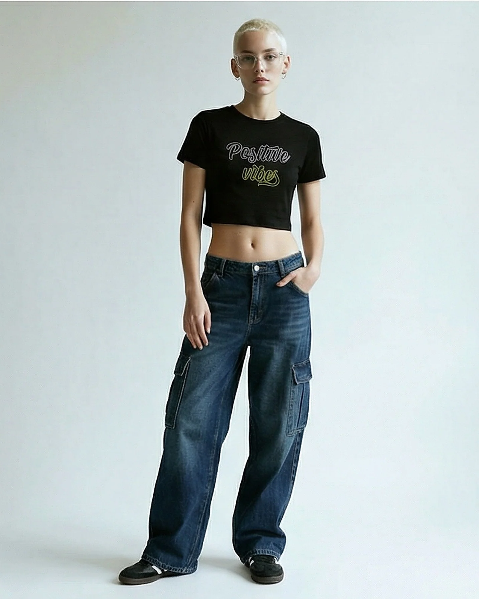 Positive Vibes Cropped Graphic T-Shirt in Black - R215751 - Image 3