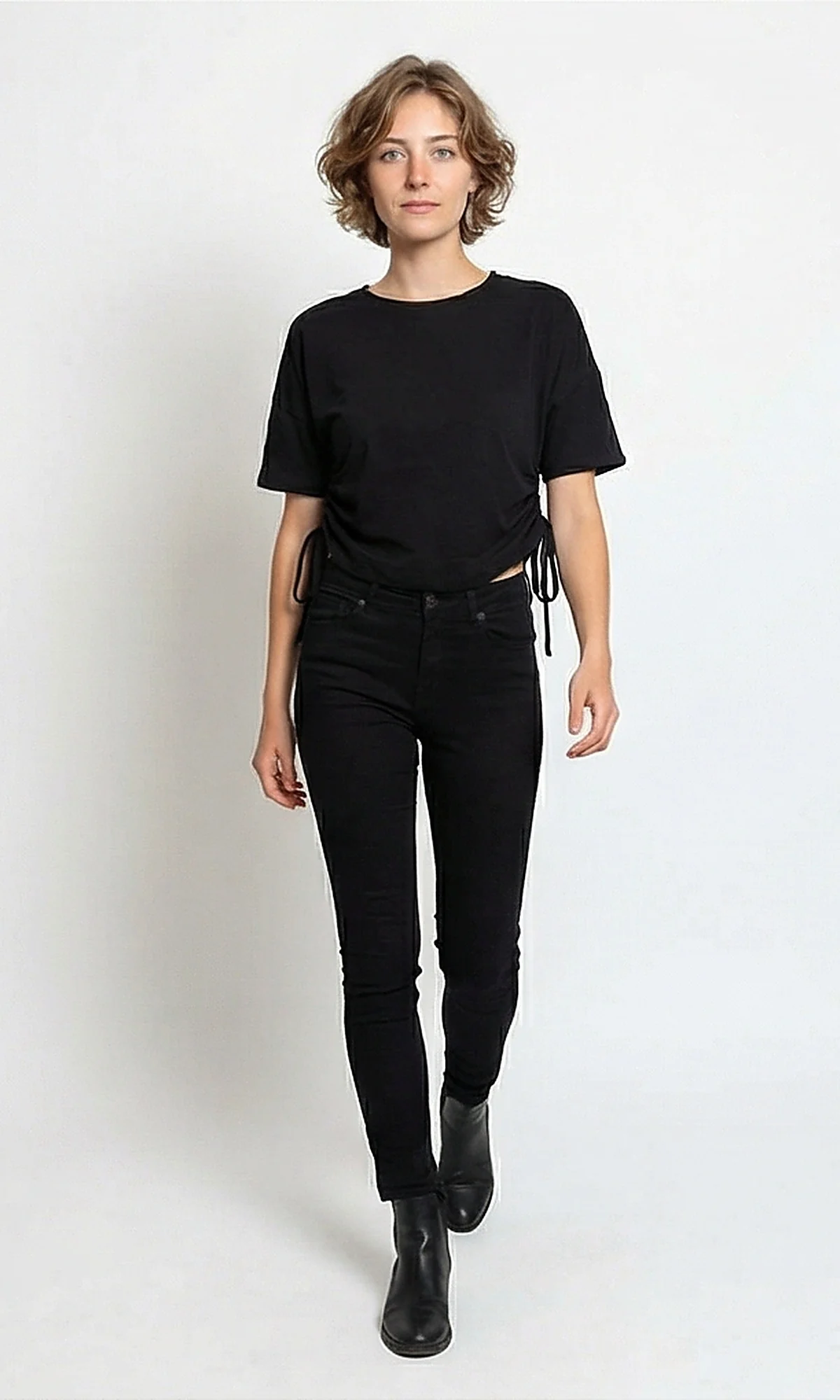 Black Side-Cinch Adjustable Hem Short Sleeve Tee - R216141 - Image 4