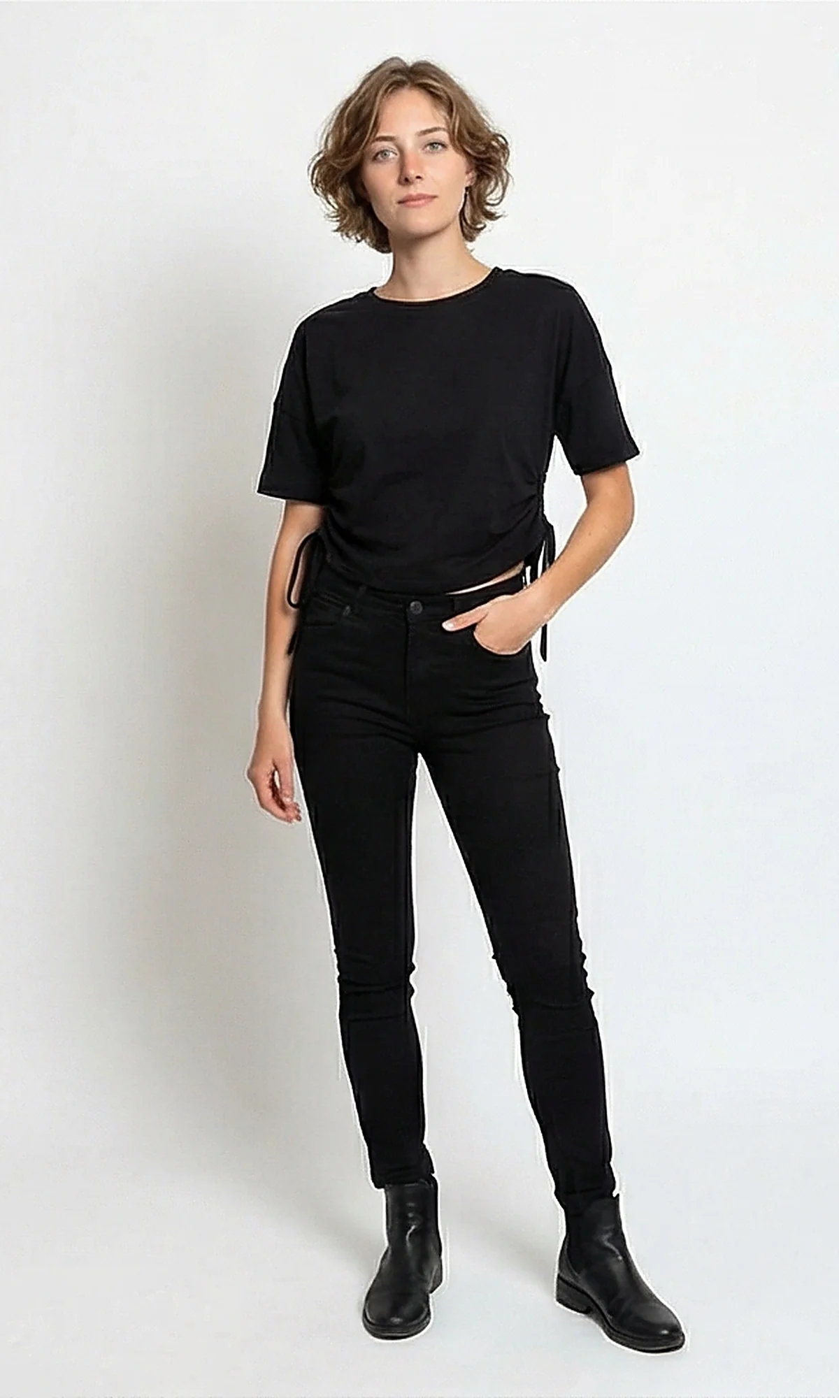 Black Side-Cinch Adjustable Hem Short Sleeve Tee - R216141 - Image 5