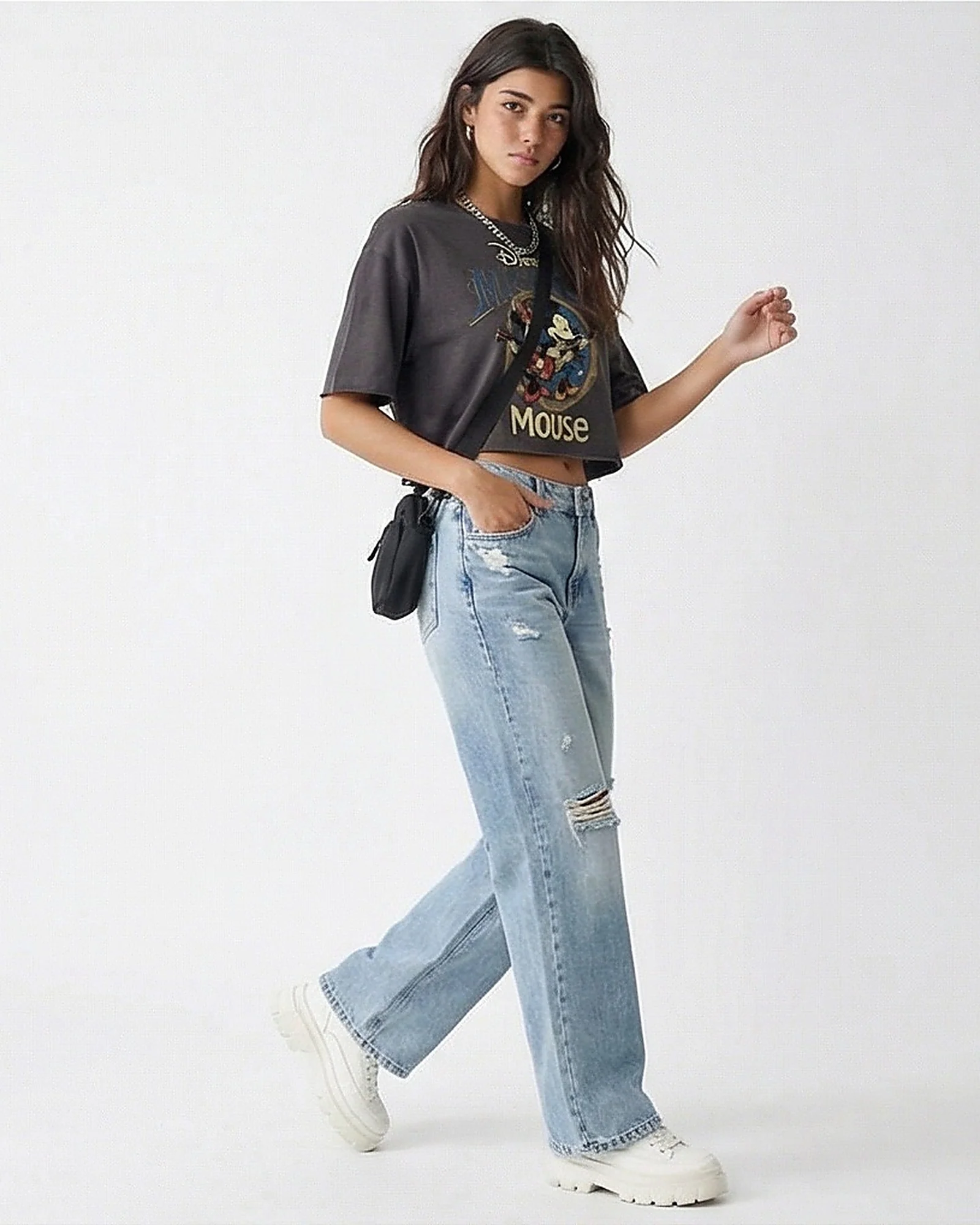 Charcoal Disney Mickey Mouse Graphic Cropped Tee - R216297 - Image 3
