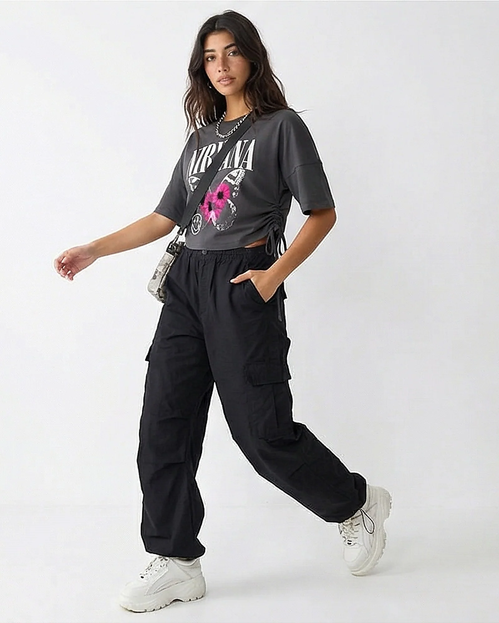 Charcoal Nirvana Graphic Side-Tie Cropped Tee - R216299 - Image 3