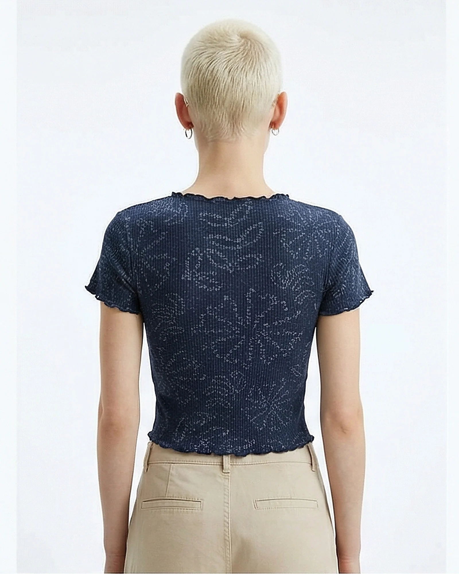 Navy Printed Ribbed Lettuce-Edge Crop Tee - R216796 - Image 2