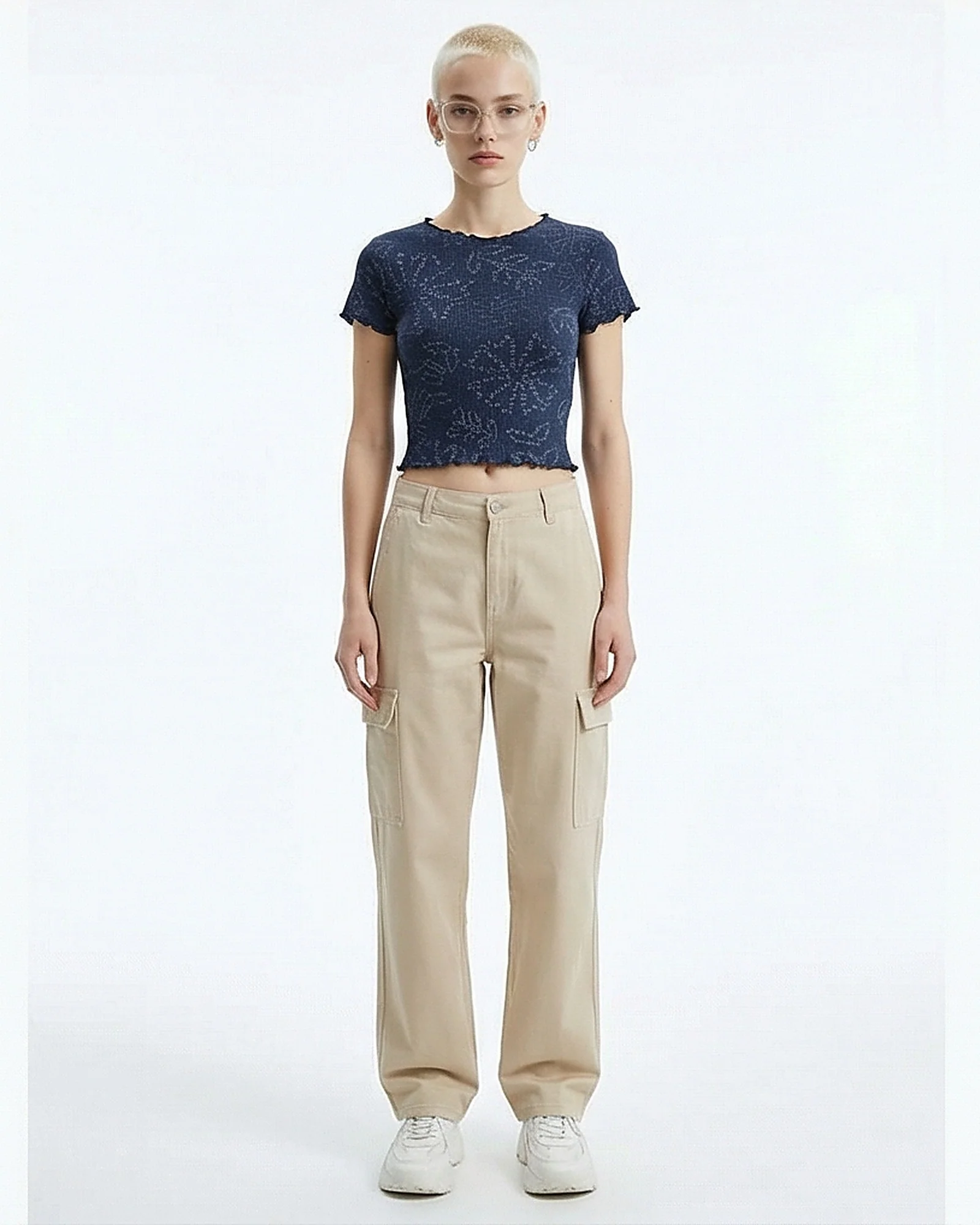 Navy Printed Ribbed Lettuce-Edge Crop Tee - R216796 - Image 3