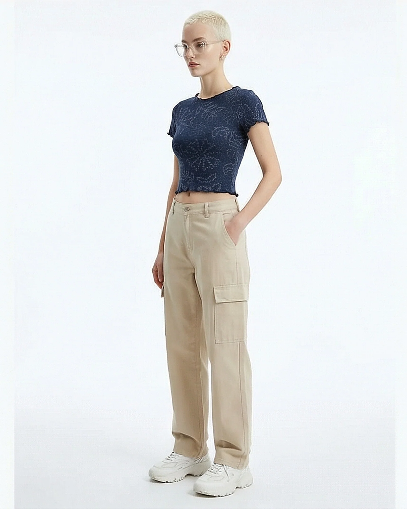 Navy Printed Ribbed Lettuce-Edge Crop Tee - R216796 - Image 4