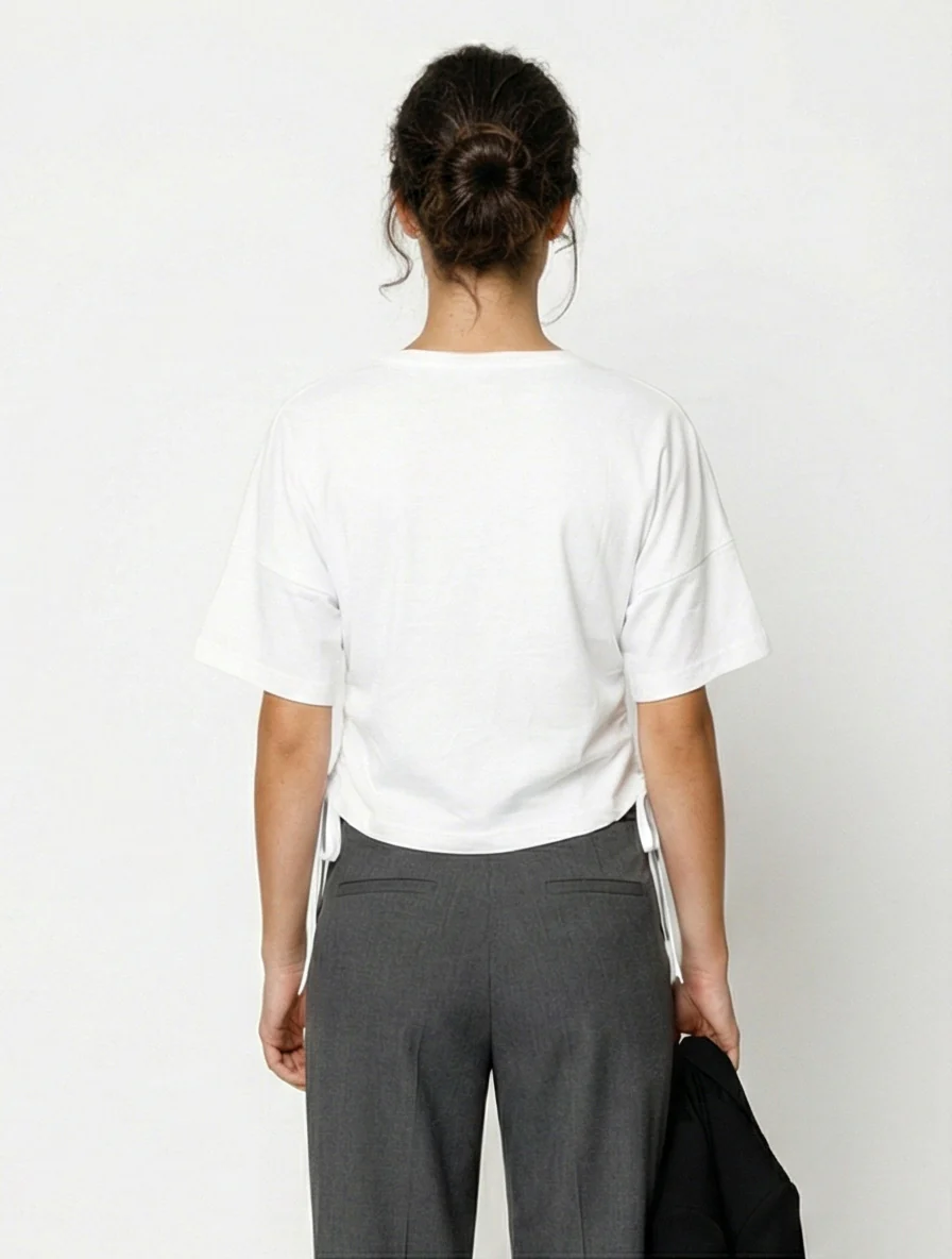 Women's Side-Tie Cinch White T-Shirt - R216140 - Image 2