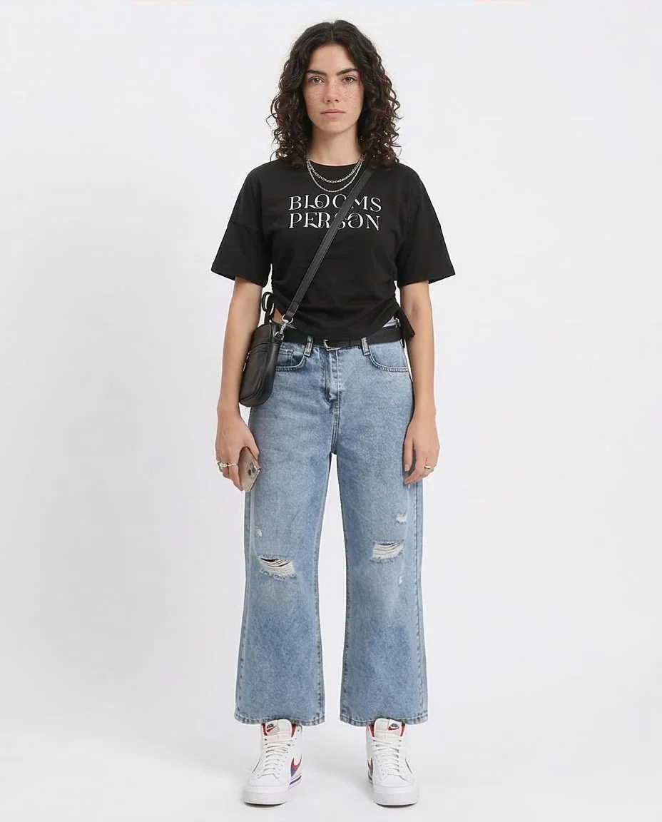 Ravin Women's Side-Cinch Graphic T-Shirt – "Blooms Person" Distressed Print - Black -R210558 - Image 3