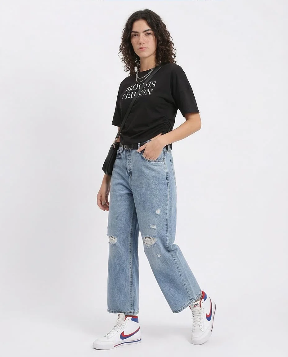 Ravin Women's Side-Cinch Graphic T-Shirt – "Blooms Person" Distressed Print - Black -R210558 - Image 5