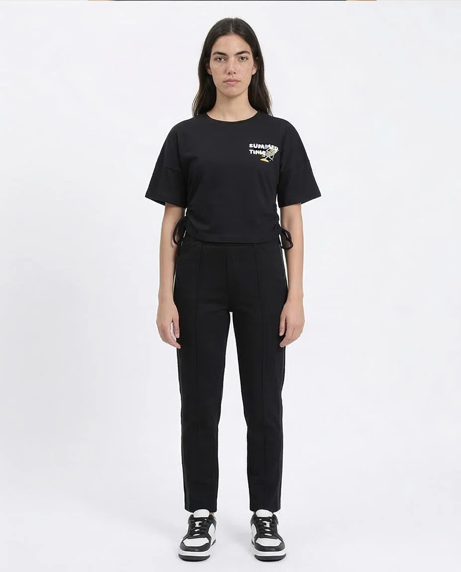 Ravin Women’s Side-Tie Cropped T-Shirt – Summer Time Graphic Print - Black - R209435 - Image 3