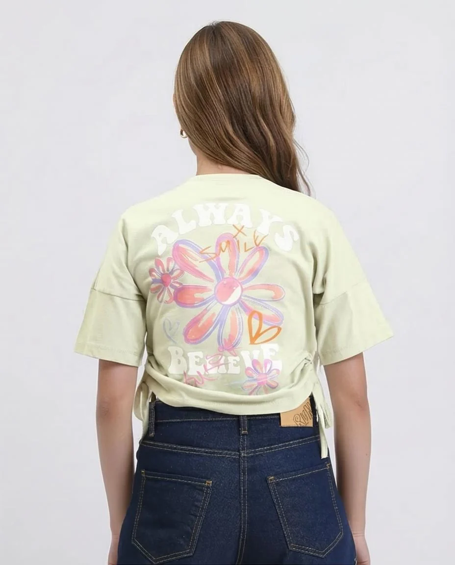 Ravin Women's Side-Tie Graphic Tee – "Believe Yourself" Floral Print in Sage Green - R209495 - Image 2