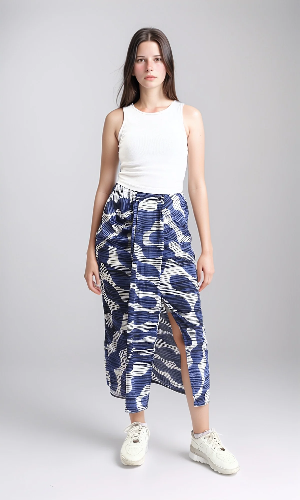 Blue Abstract Waves Plissé Draped Midi Skirt - R209475 - Image 4