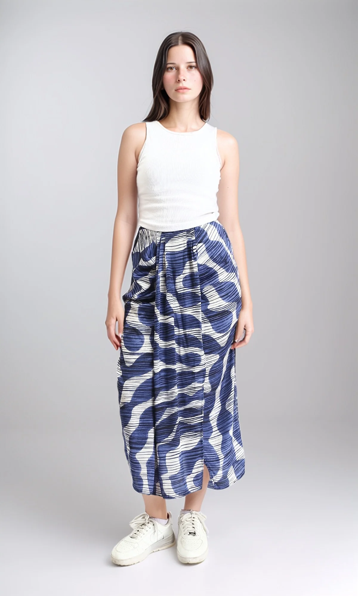 Blue Abstract Waves Plissé Draped Midi Skirt - R209475 - Image 5