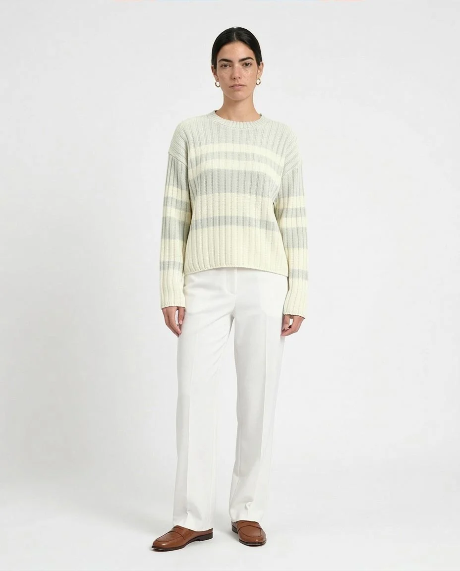 Ravin | Women’s Striped Vertical Rib Knit Crewneck Sweater - Light Grey & White - R215285 - Image 4
