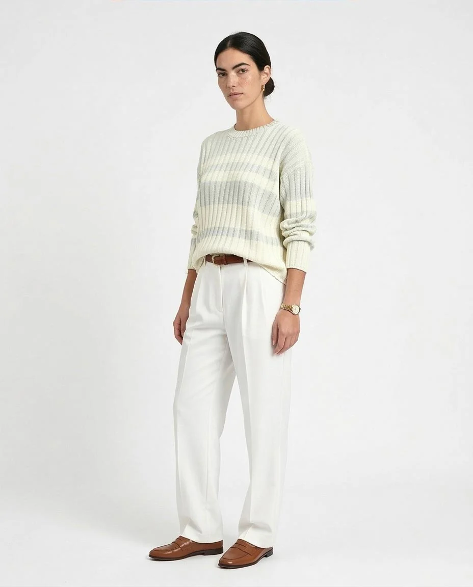 Ravin | Women’s Striped Vertical Rib Knit Crewneck Sweater - Light Grey & White - R215285 - Image 5