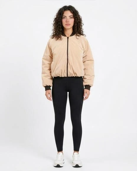 Women's Tan Padded Bomber Jacket with Contrast Ribbed Trim - R205936 - Image 3