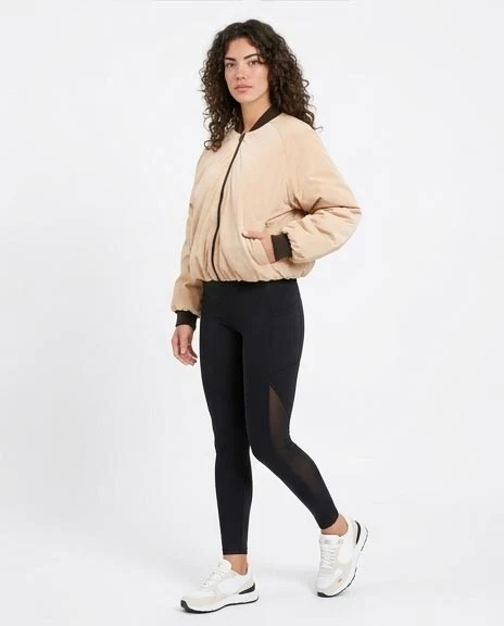 Women's Tan Padded Bomber Jacket with Contrast Ribbed Trim - R205936 - Image 4