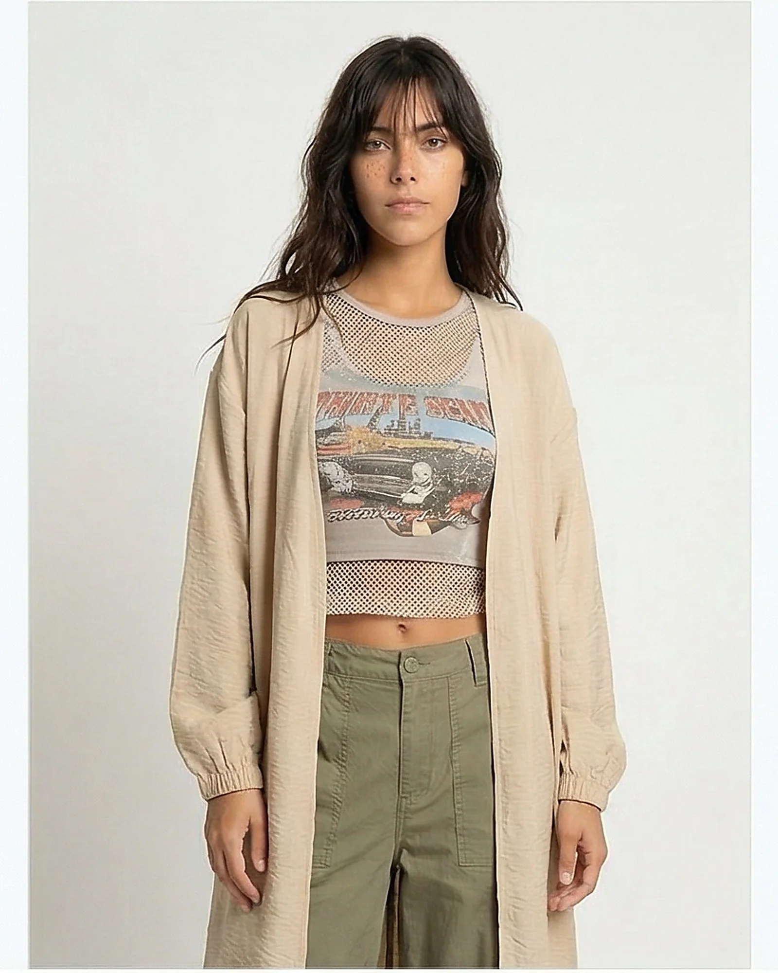 Women's Textured Longline Open Cardigan - Beige - Image 3
