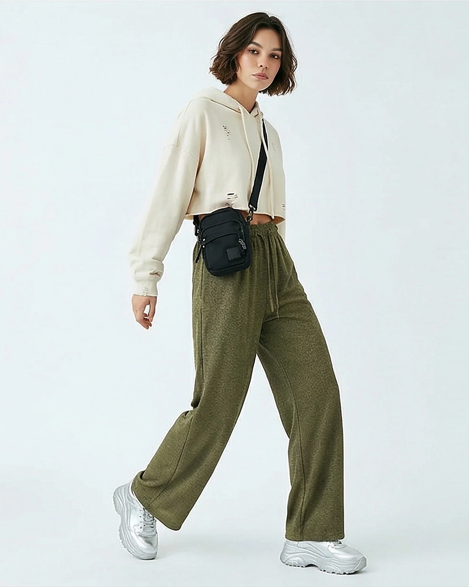 Olive Green Wide-Leg Textured Lounge Pants - R217295 - Image 3
