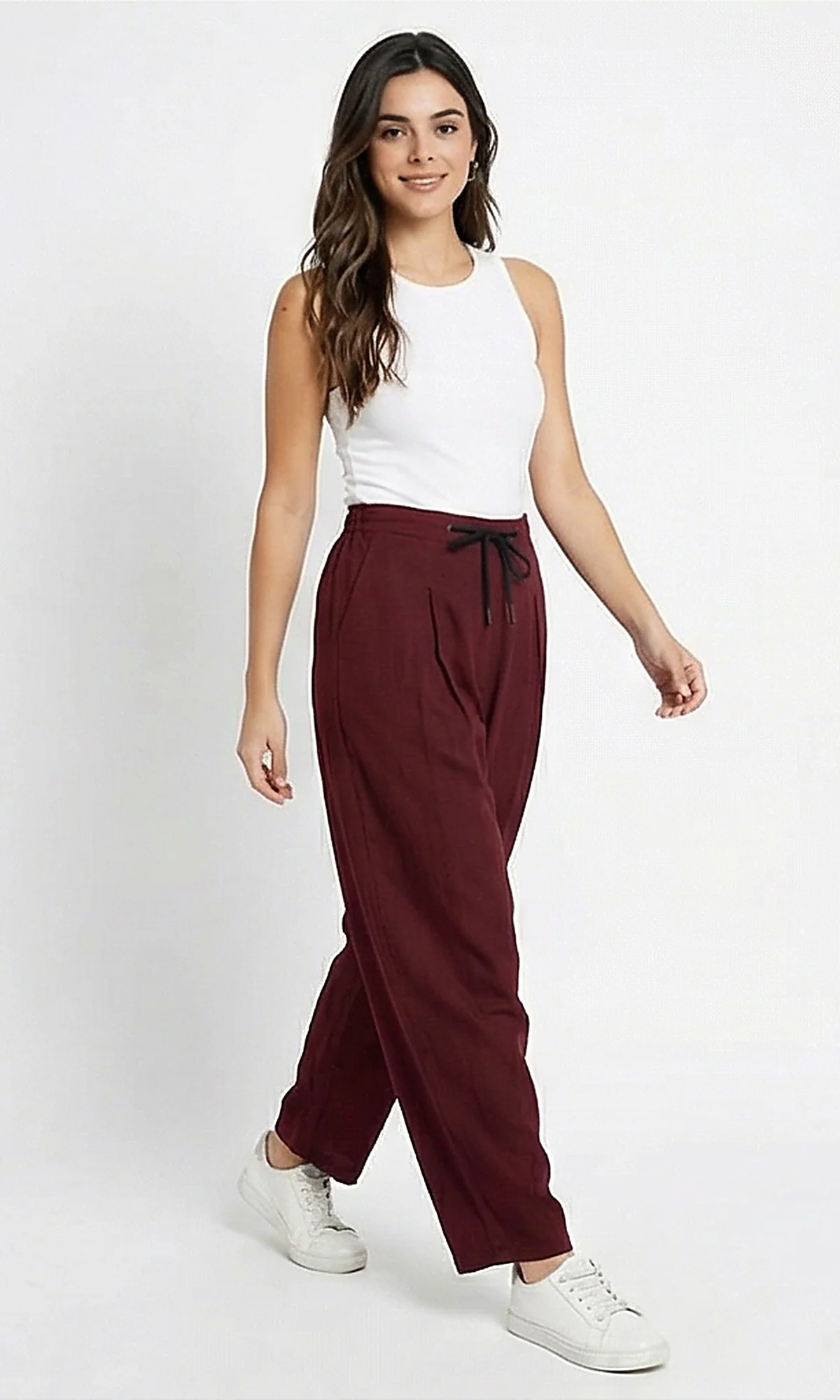 Burgundy Pleated Wide-Leg Drawstring Trousers - R214295 - Image 3