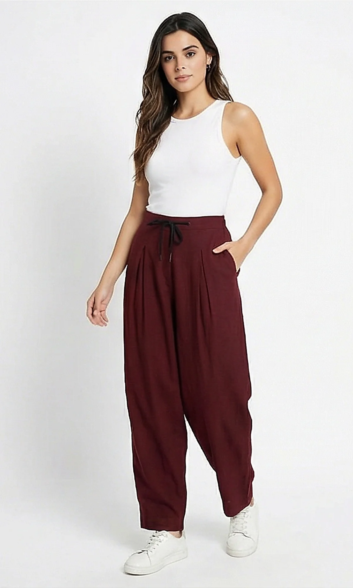 Burgundy Pleated Wide-Leg Drawstring Trousers - R214295 - Image 4