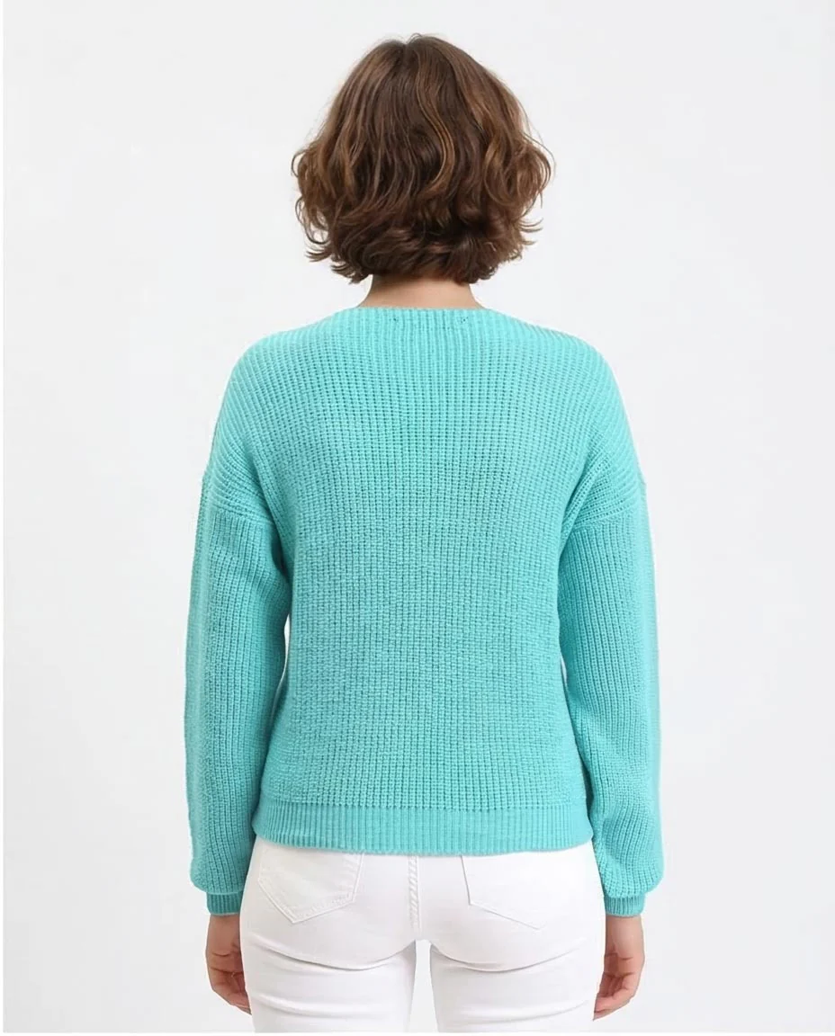 Ravin Women's V-Neck Cable Knit Oversized Sweater - Turquoise - R210360 - Image 2
