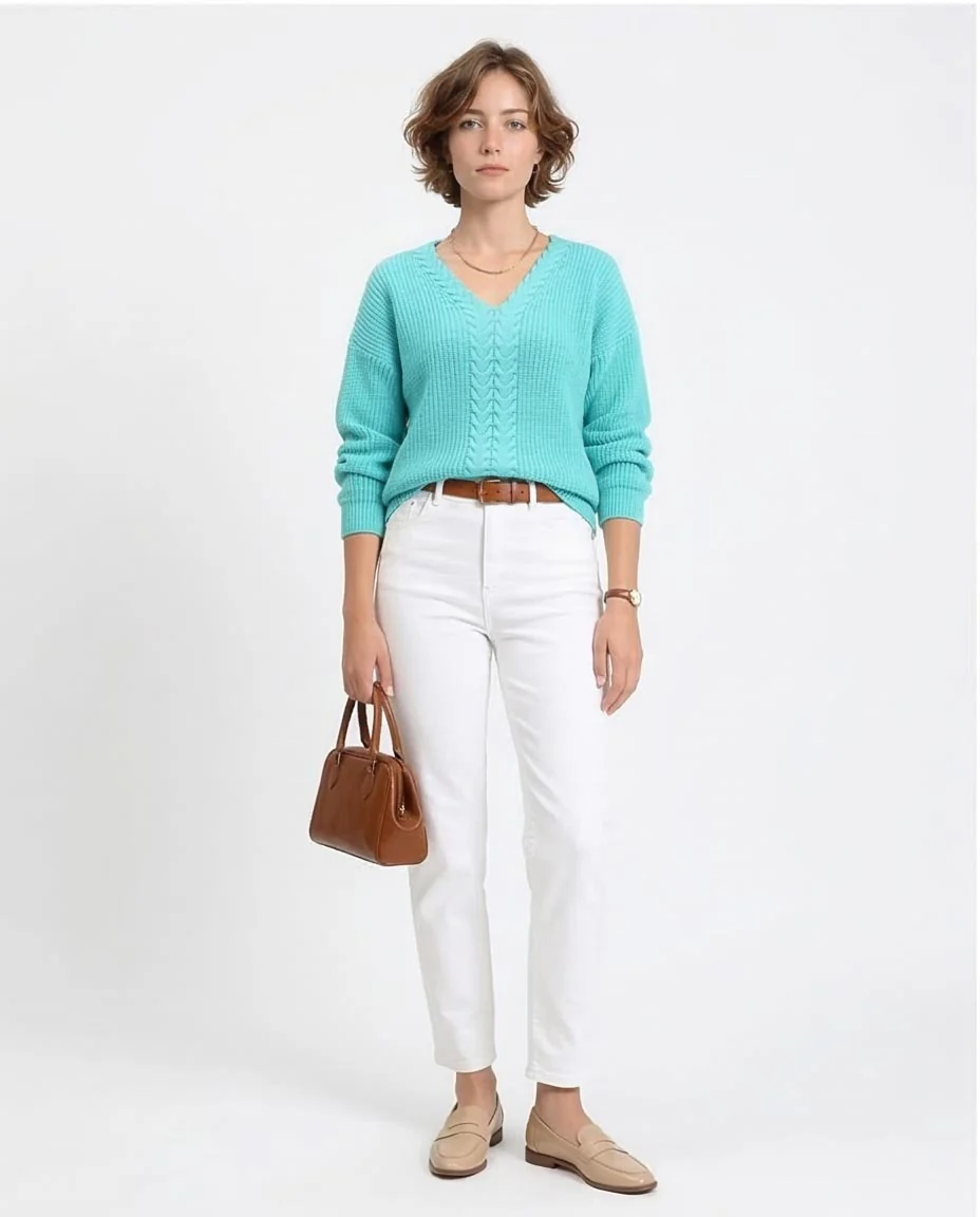 Ravin Women's V-Neck Cable Knit Oversized Sweater - Turquoise - R210360 - Image 4