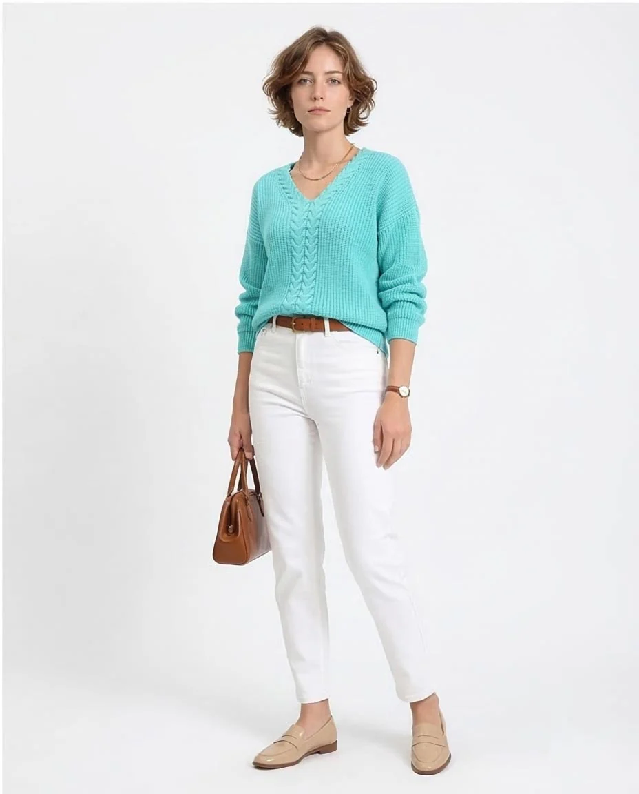 Ravin Women's V-Neck Cable Knit Oversized Sweater - Turquoise - R210360 - Image 5