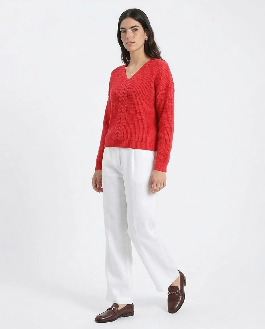 Ravin Women’s V-Neck Cable-Knit Sweater – Festive Red - R210362 - Image 5