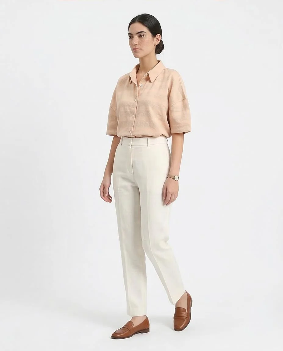 Ravin Women's Wave-Textured Short Sleeve Boxy Shirt – Peach- Dark Beige - R210373 - Image 5