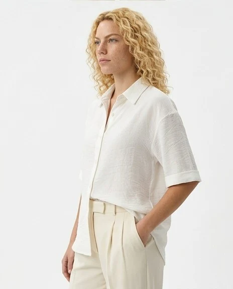 Luxe Textured Short-Sleeve Button-Down Shirt in Alabaster White - R216358 - Image 4