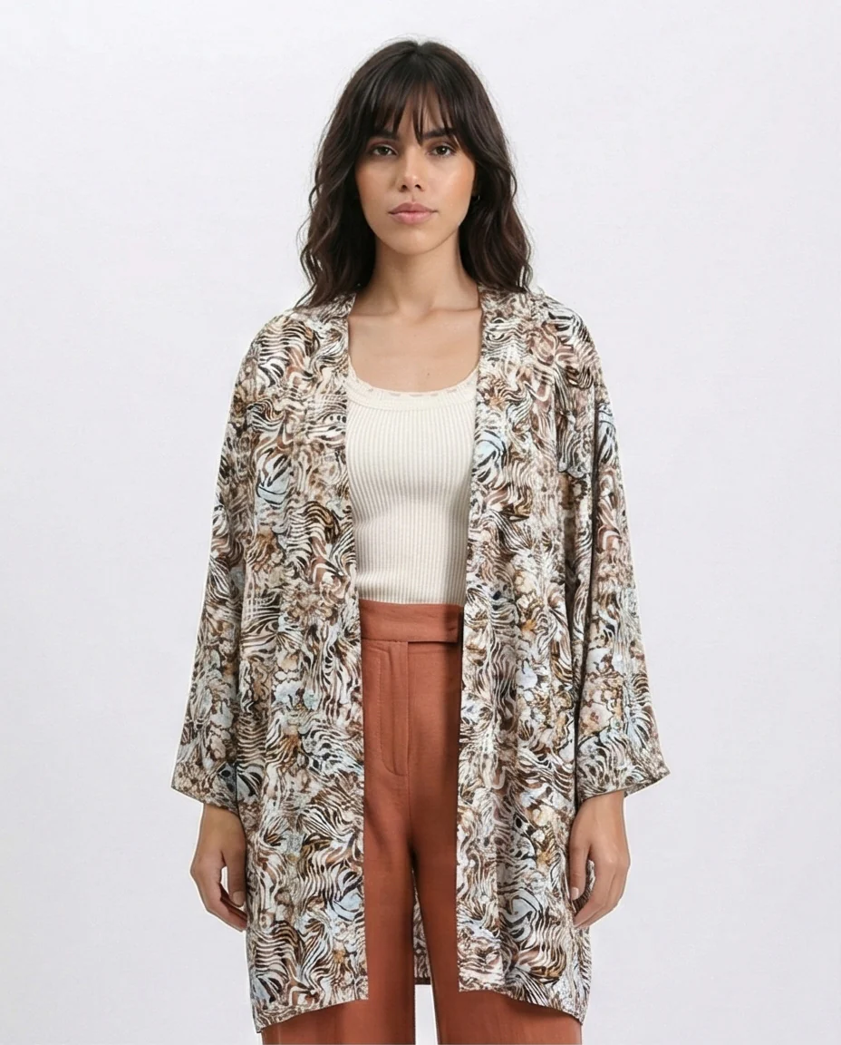 R209479 - Zebra Slip On Lightweight Cardigan - Brown & Light Blue - Image 3