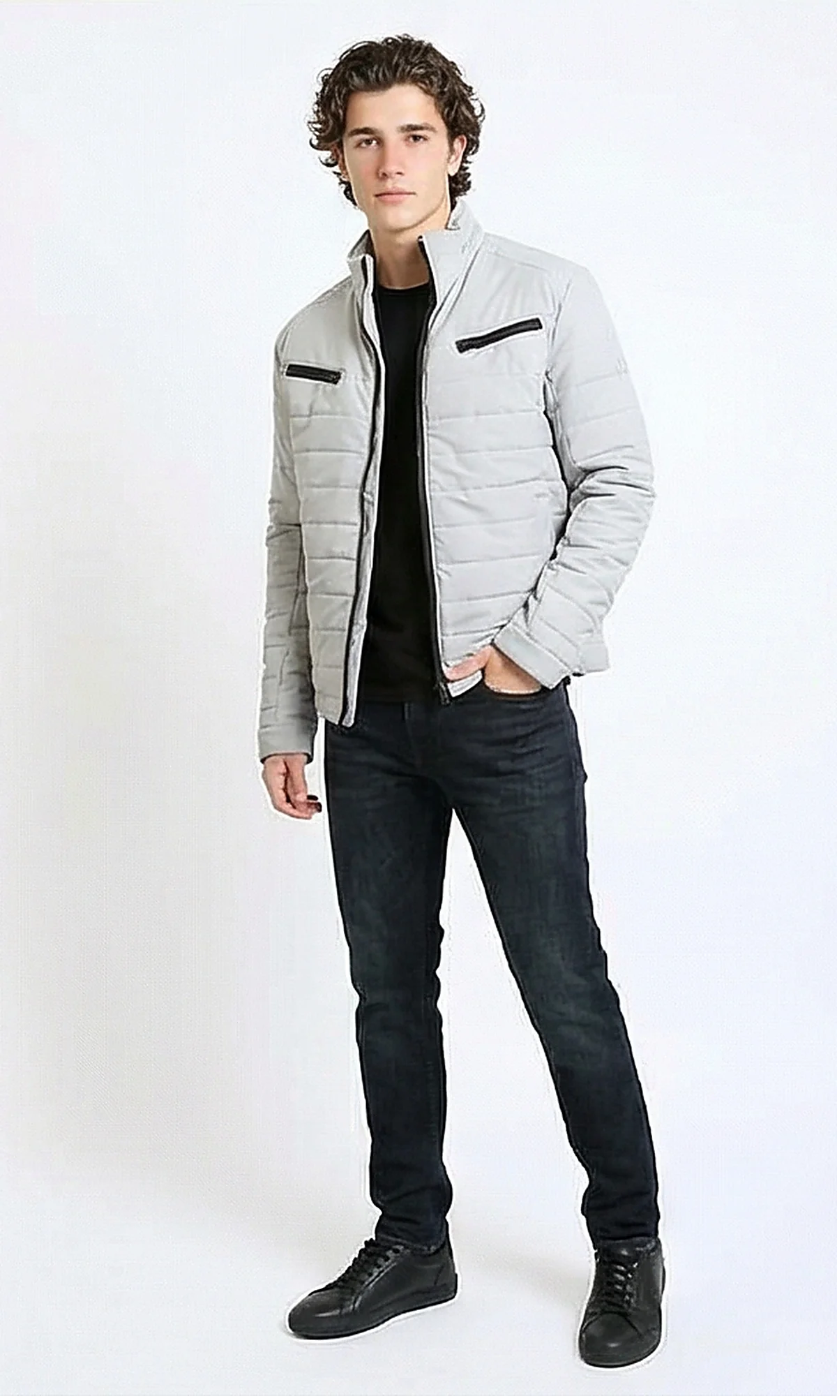R211179 - Zipped Bomber Jacket with Side Pockets - Light Grey - Image 5