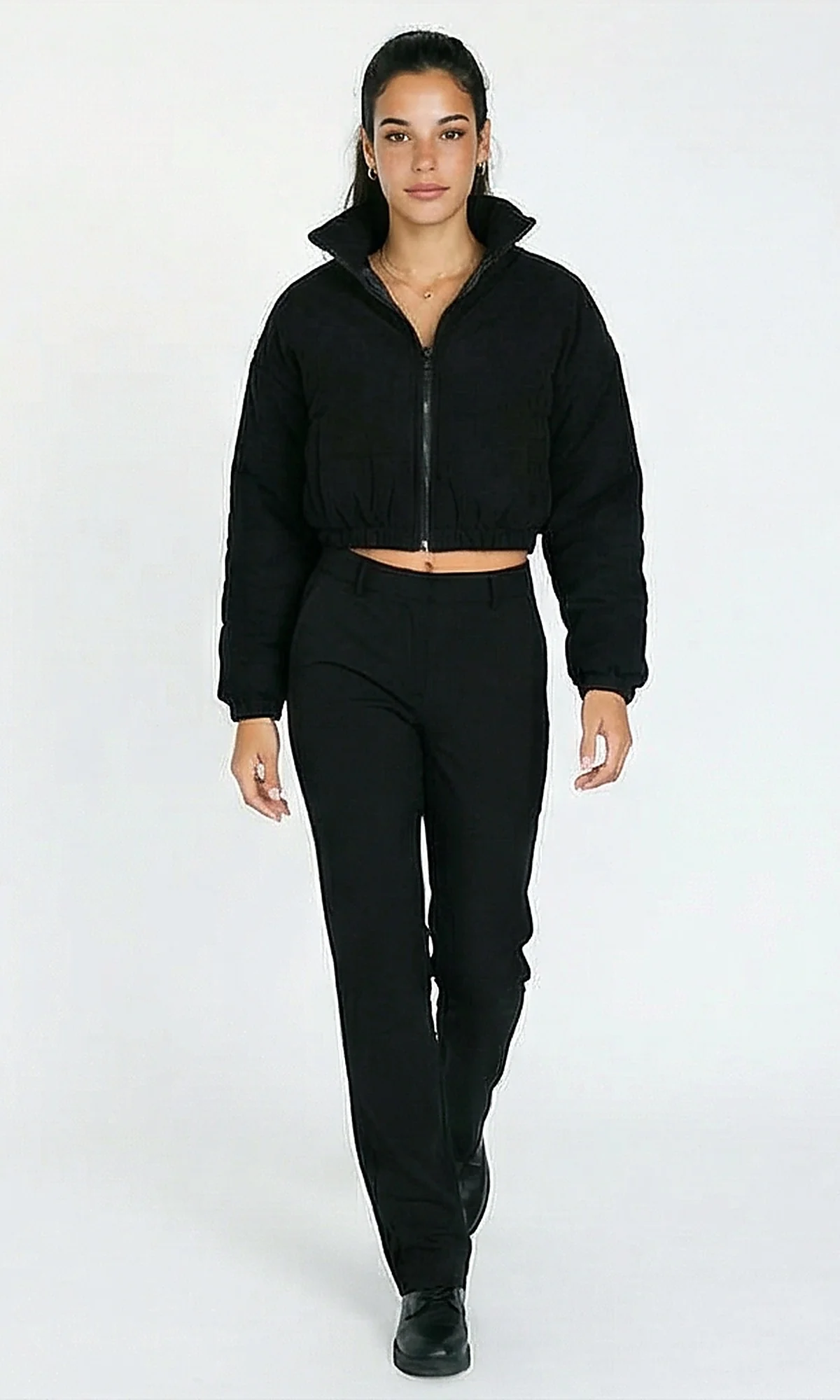 R211451 - Zipped Cropped Corduroy Jacket - Black - Image 3