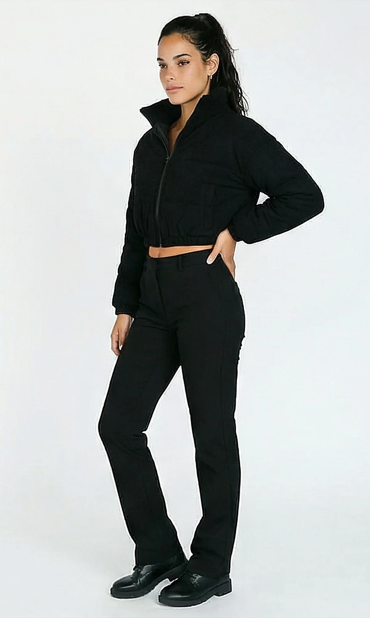 R211451 - Zipped Cropped Corduroy Jacket - Black - Image 4