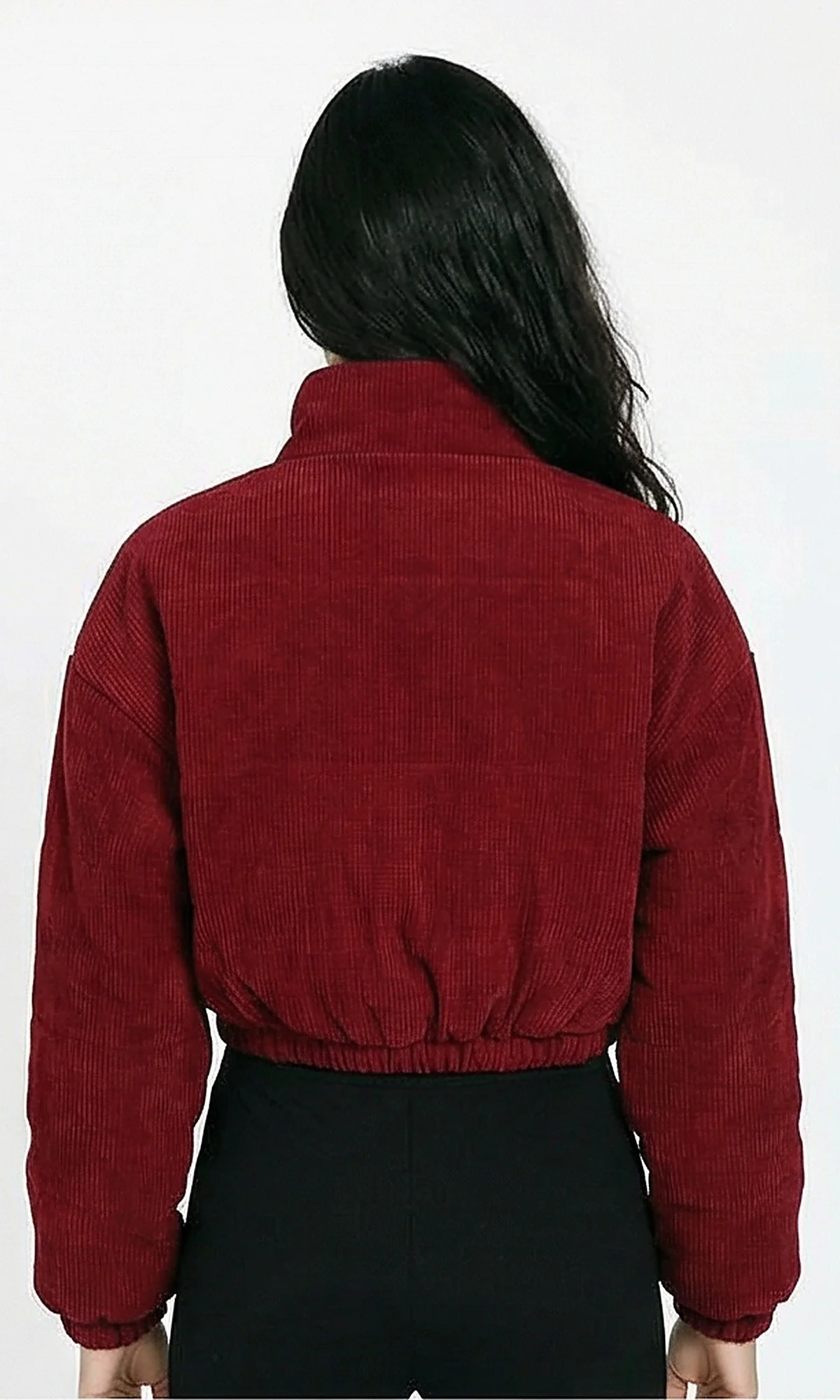 R211452 - Zipped Cropped Corduroy Jacket - Dark Red - Image 2