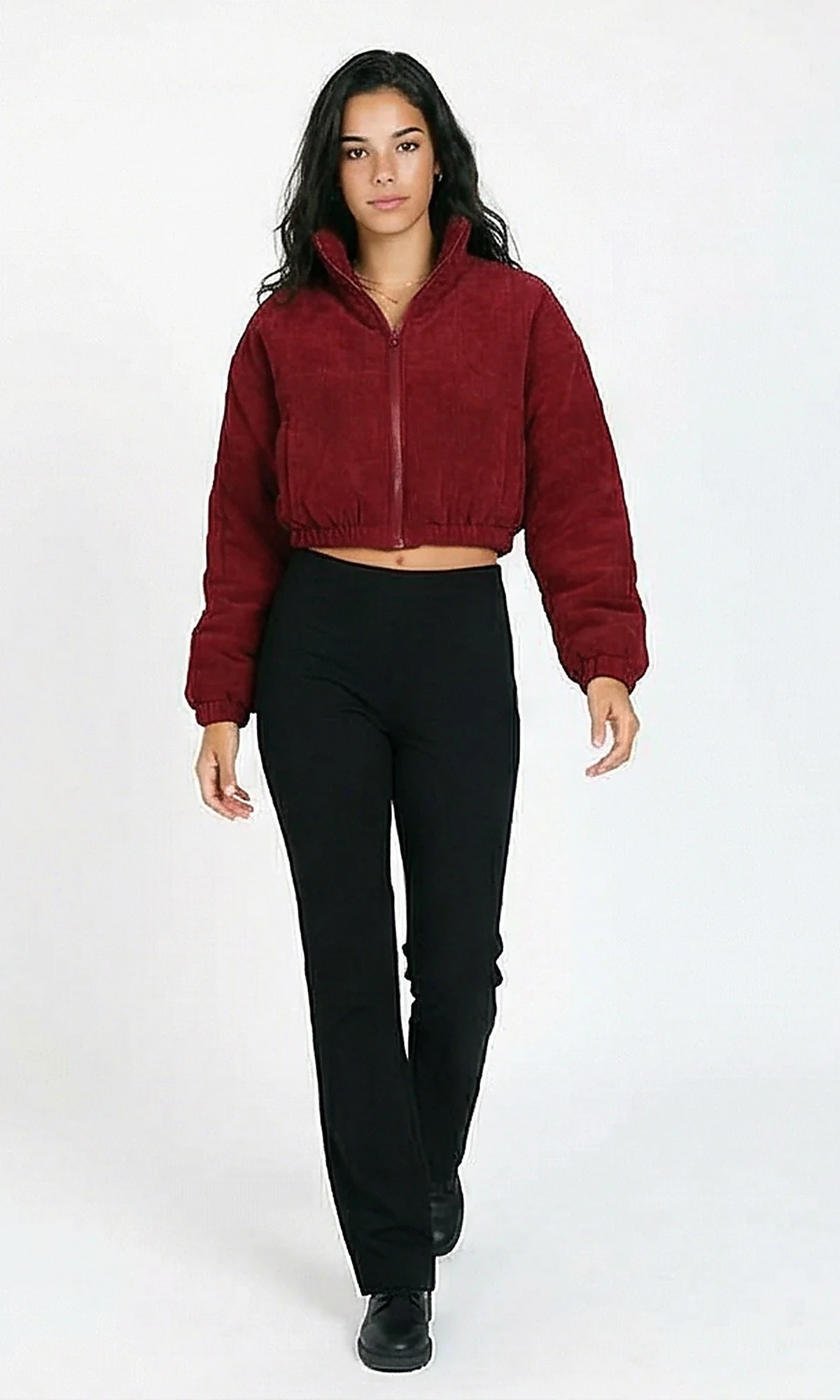 R211452 - Zipped Cropped Corduroy Jacket - Dark Red - Image 3