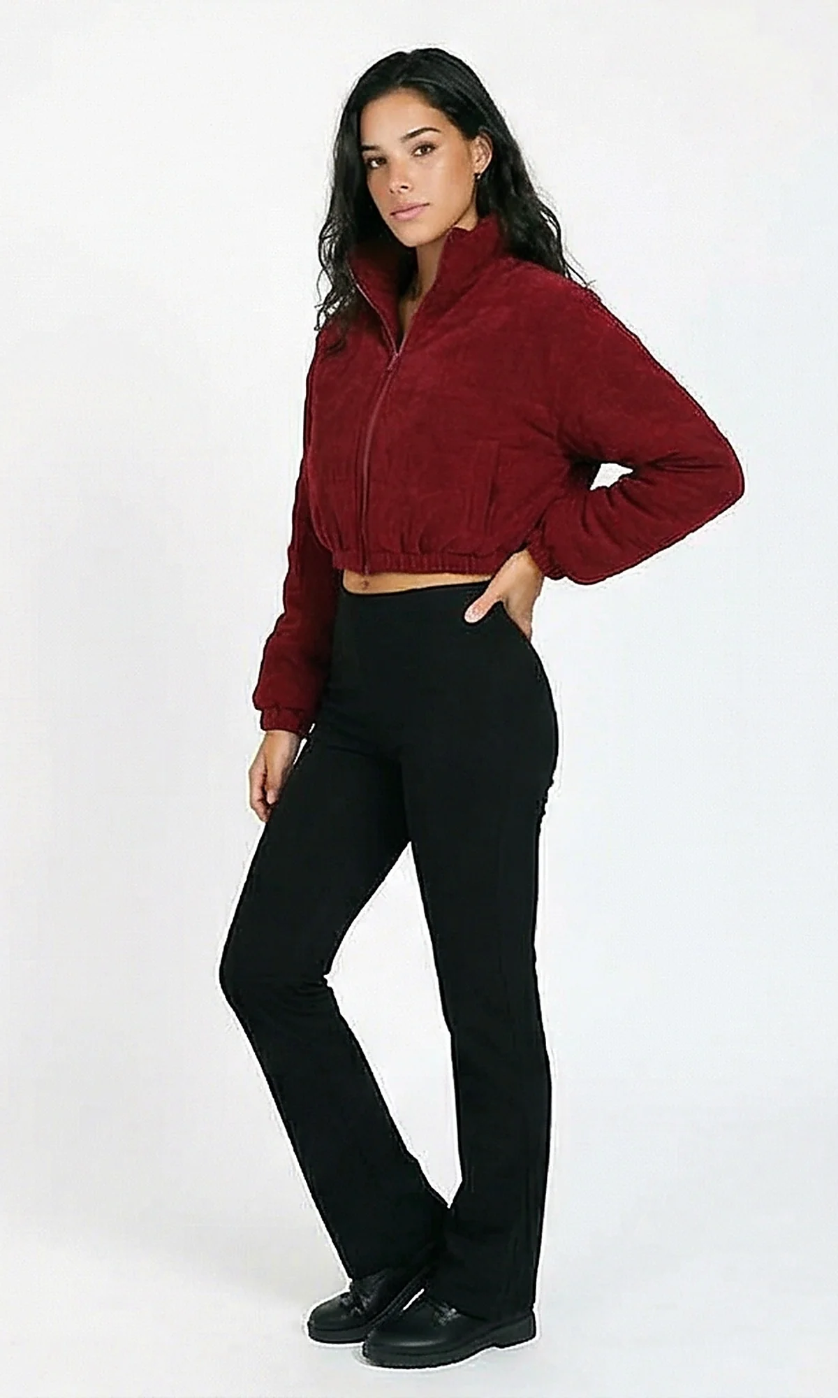 R211452 - Zipped Cropped Corduroy Jacket - Dark Red - Image 4